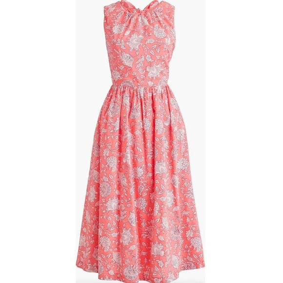 J Crew Midi Dress Women Tie Neck Coral Floral Pocket City Preppy Boho Sz 12 NWT